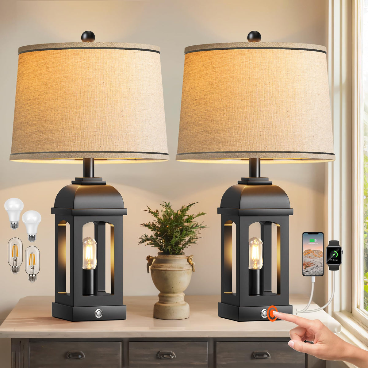 QiMH Table Lamp for Living Room, Farmhouse Lamps Set of 2 with USB A+C and Nightlight, 26" Rustic Bedside Lamps with 3-Way Dimmable Touch Control, Nightstand Lamp for Bedroom Decor, Black