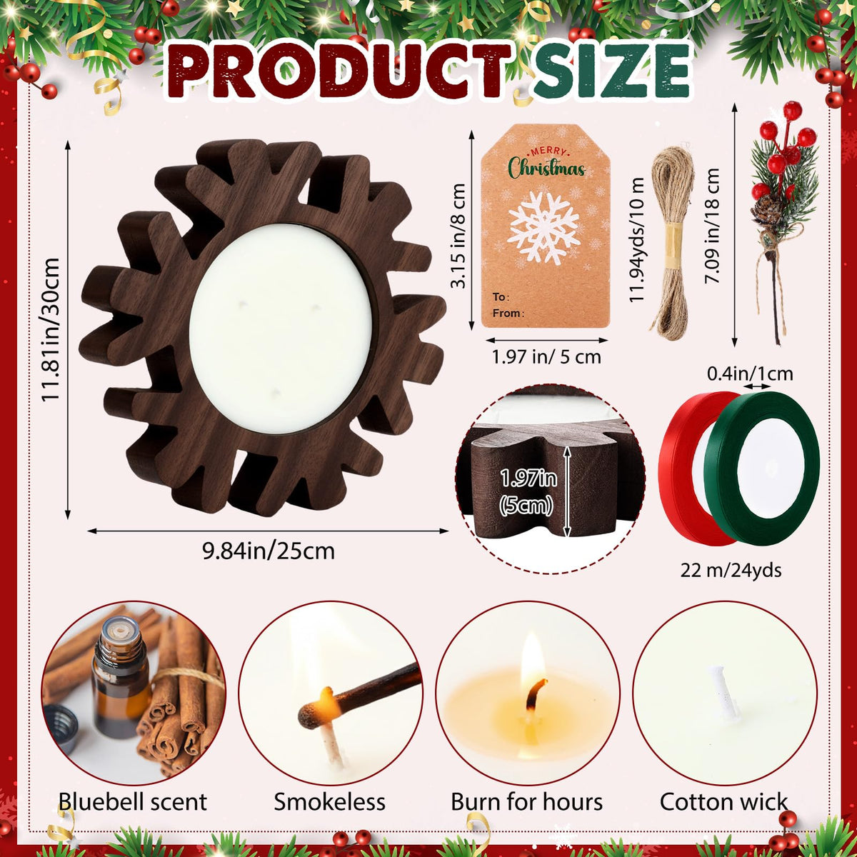 Potchen 1 Set Wooden Christmas Bowl Candle Gifts 14oz Large Rustic Wood Christmas Dough Bowl Candle with Berries Pine Label for Xmas Farmhouse Table Centerpiece Decor, 11.81 x 9.84 in(Snowflake)