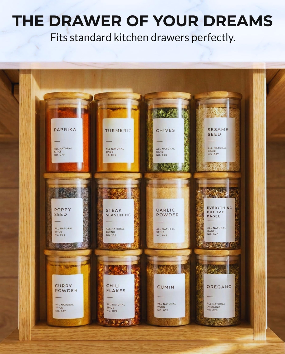 Bloomondo Glass Spice Jars with Label Pack (12x Bamboo Lid Glass Jar) Small 6oz Empty Spice Storage Bottles with 112 Printed Stickers and 48 Writable Pantry Labels for Seasoning Containers