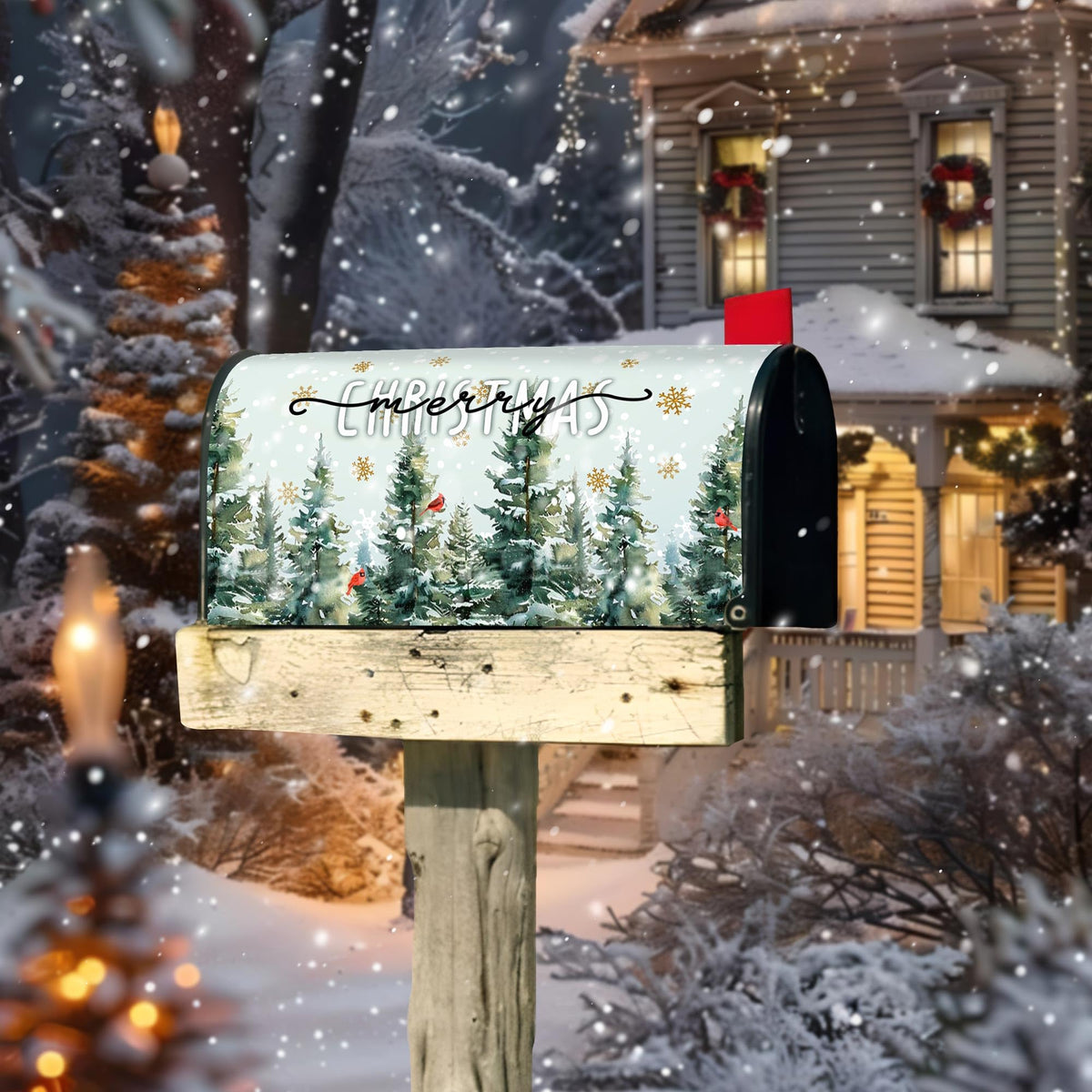 Merry Christmas Mailbox Cover - Magnetic Standard Size 18" X 21" - Christmas Dark Green Pine Trees Cardinal Birds Snowflake Mailbox Cover Decor for Home Garden Yard Post Letter Box