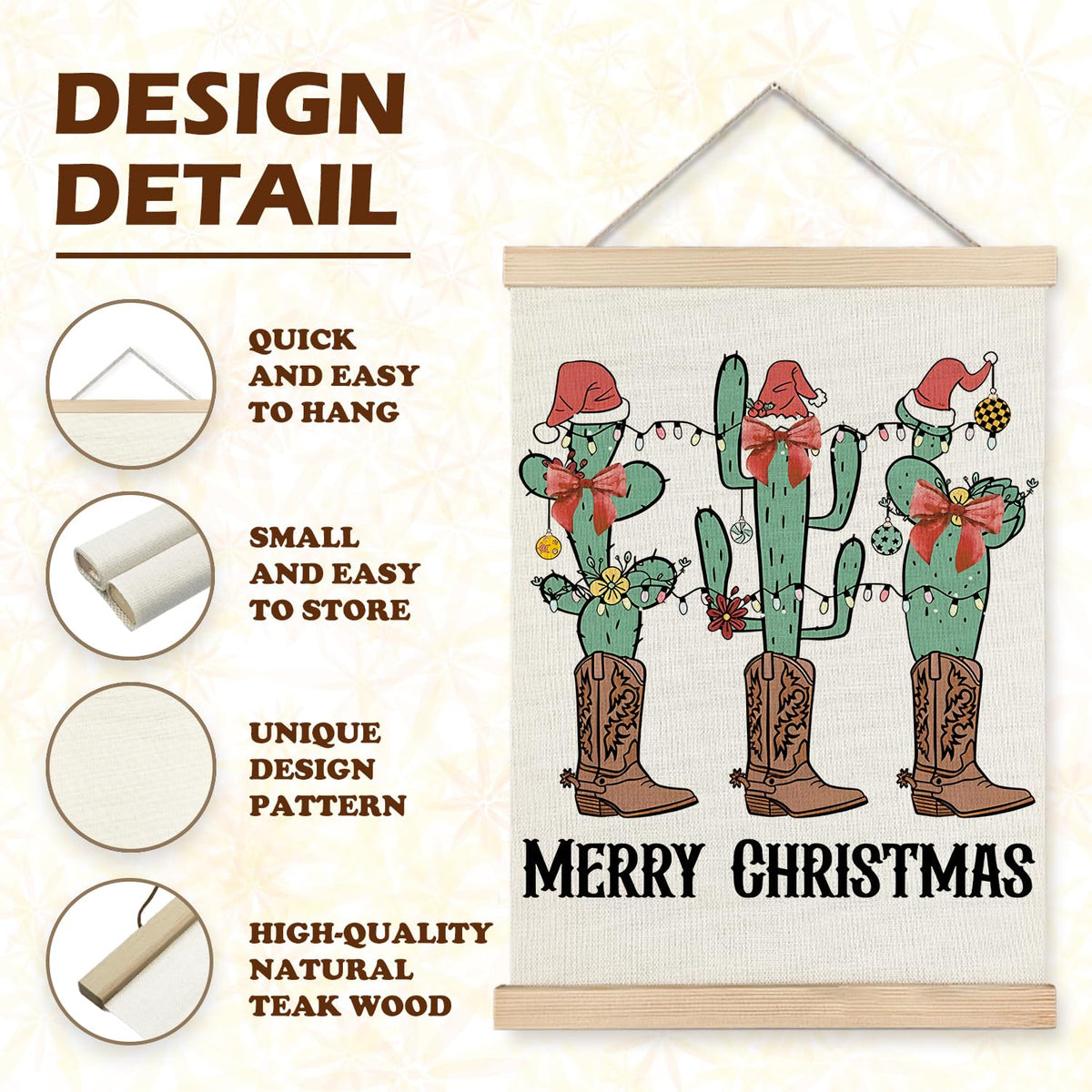 Western Christmas Wall Decor, Christmas Red Bow Cactus Cowboy Boots Wall Art With Wooden Poster Hanger, Christmas Wall Decoration, Western Christmas Wall Art Decor for Home Office, 12x16 Inch