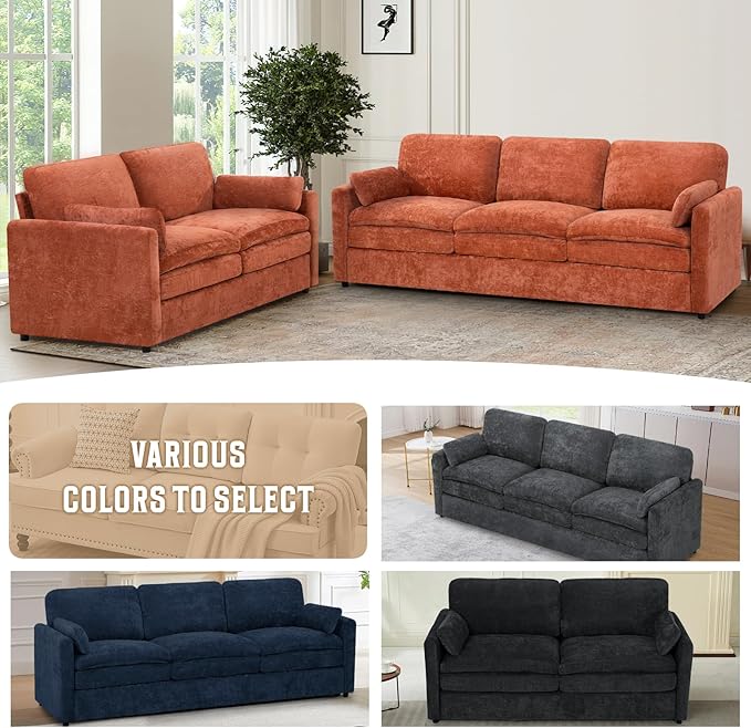 Classic Chenille Sofa Set with 2 Extra Armrest Pillows, Loveseat and 3-Seat