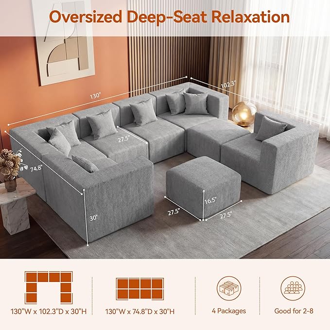 MONVANE Modular Sectional Sofa, Oversized 8 Seat Convertible U Shaped Couch