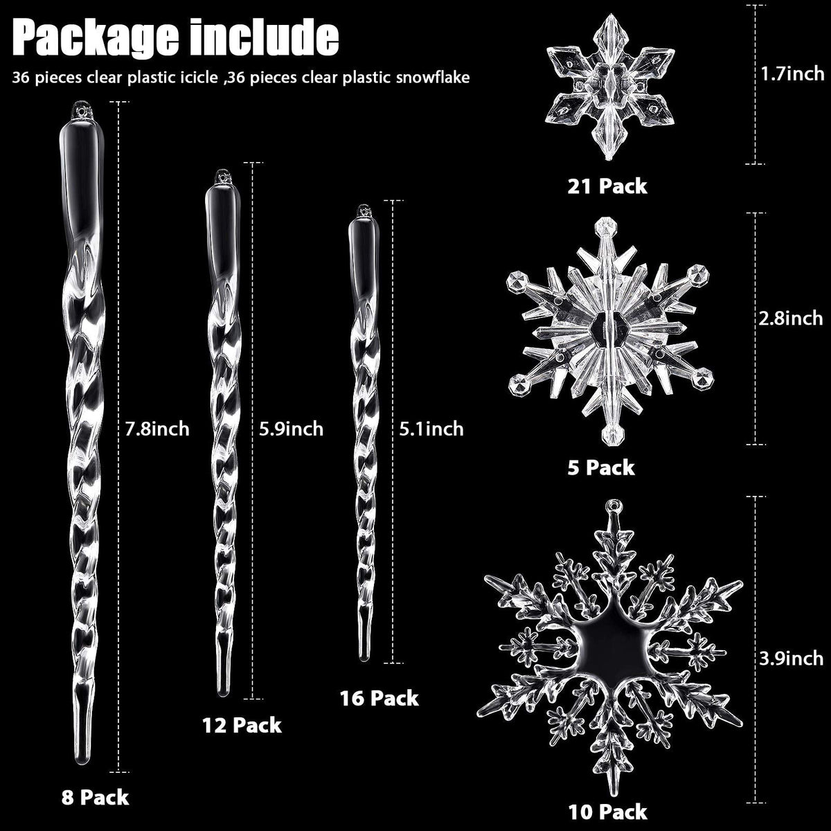 Chuangdi 72 Pcs Snowflake Icicle Ornaments for Christmas Tree Twisted Glitter Icicles Acrylic Hanging Drop Decoration for Winter Xmas Holiday Party New Year Outdoor Supplies(Clear)