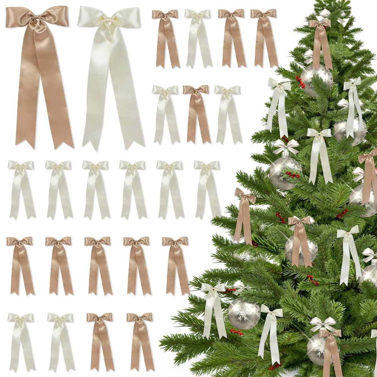 24 Pcs Christmas Tree Bows Decorations - Satin Ribbon Bows for Wreath, Tree Topper, Ornaments, Garland, Home, Staircase, Fireplace Decor