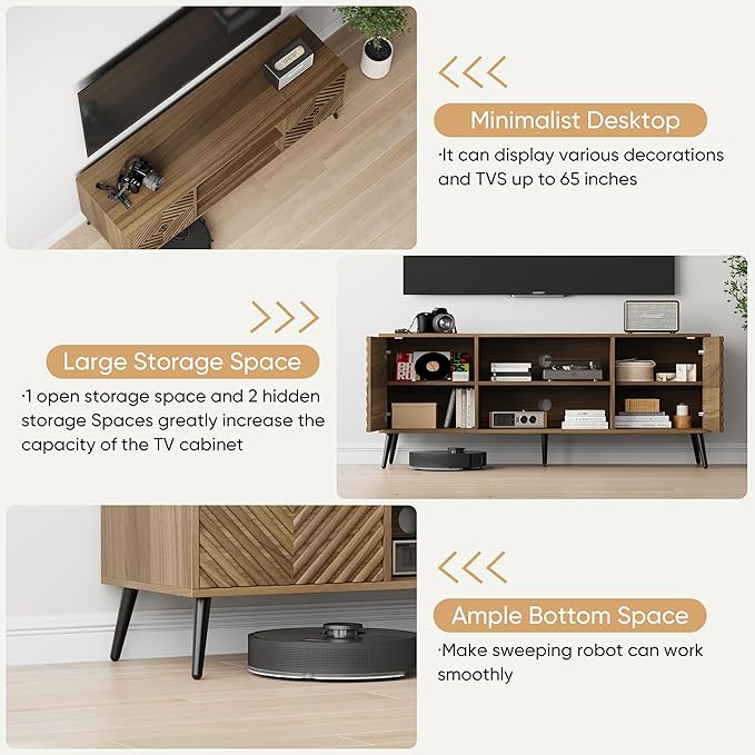 Smuxee Walnut TV Stand with Fluted Diamond Doors, 55.12" Mid Century Modern TV