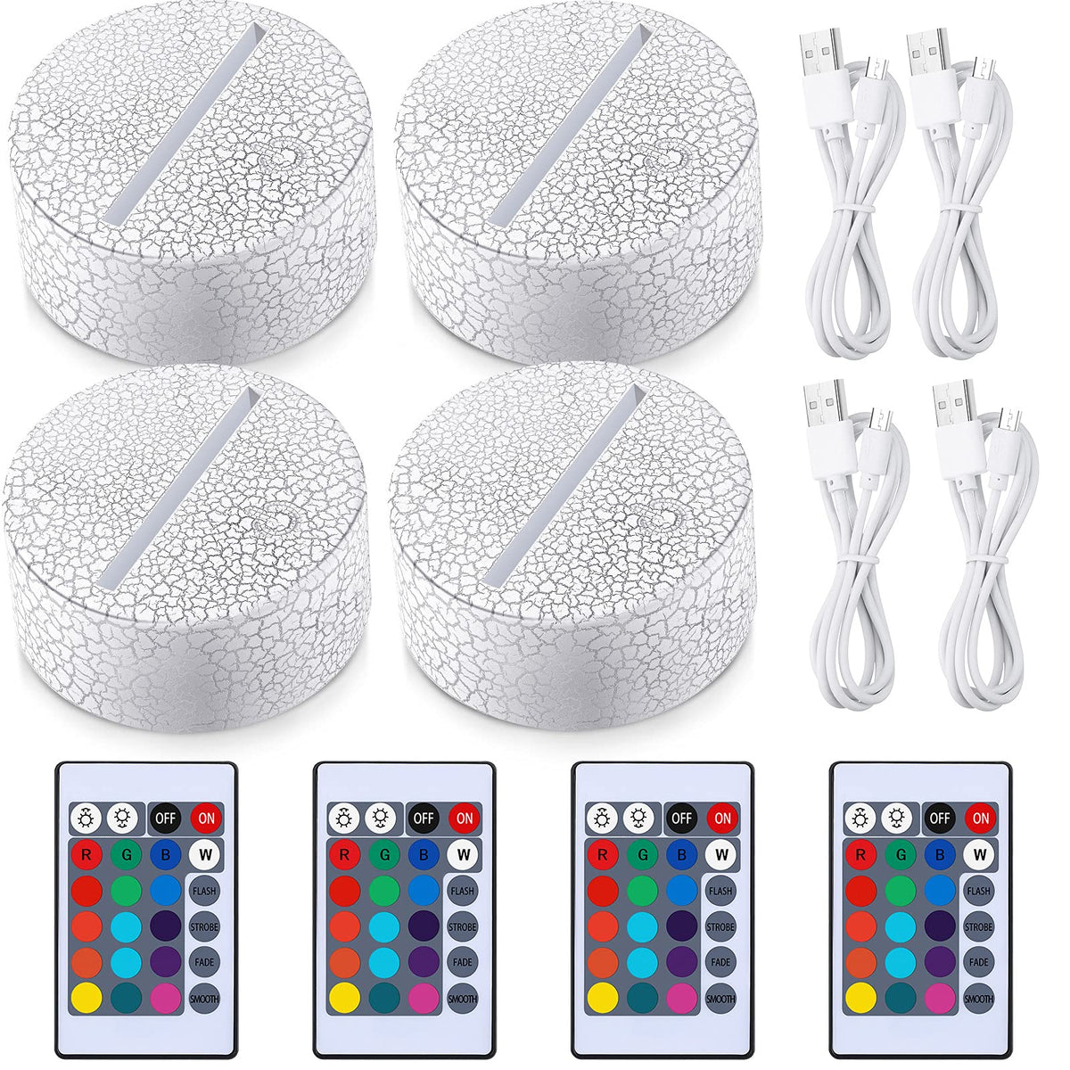 Honoson 4 Pieces 3D LED Lamp 16 Color Illusion Light Crack Night Base Battery or USB Operated Remote Control Light Stand Base for Christmas, Birthday