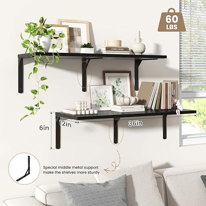 Fun Memories Floating Shelves for Wall, 12 Inch Deep Floating Shelves Set of 2