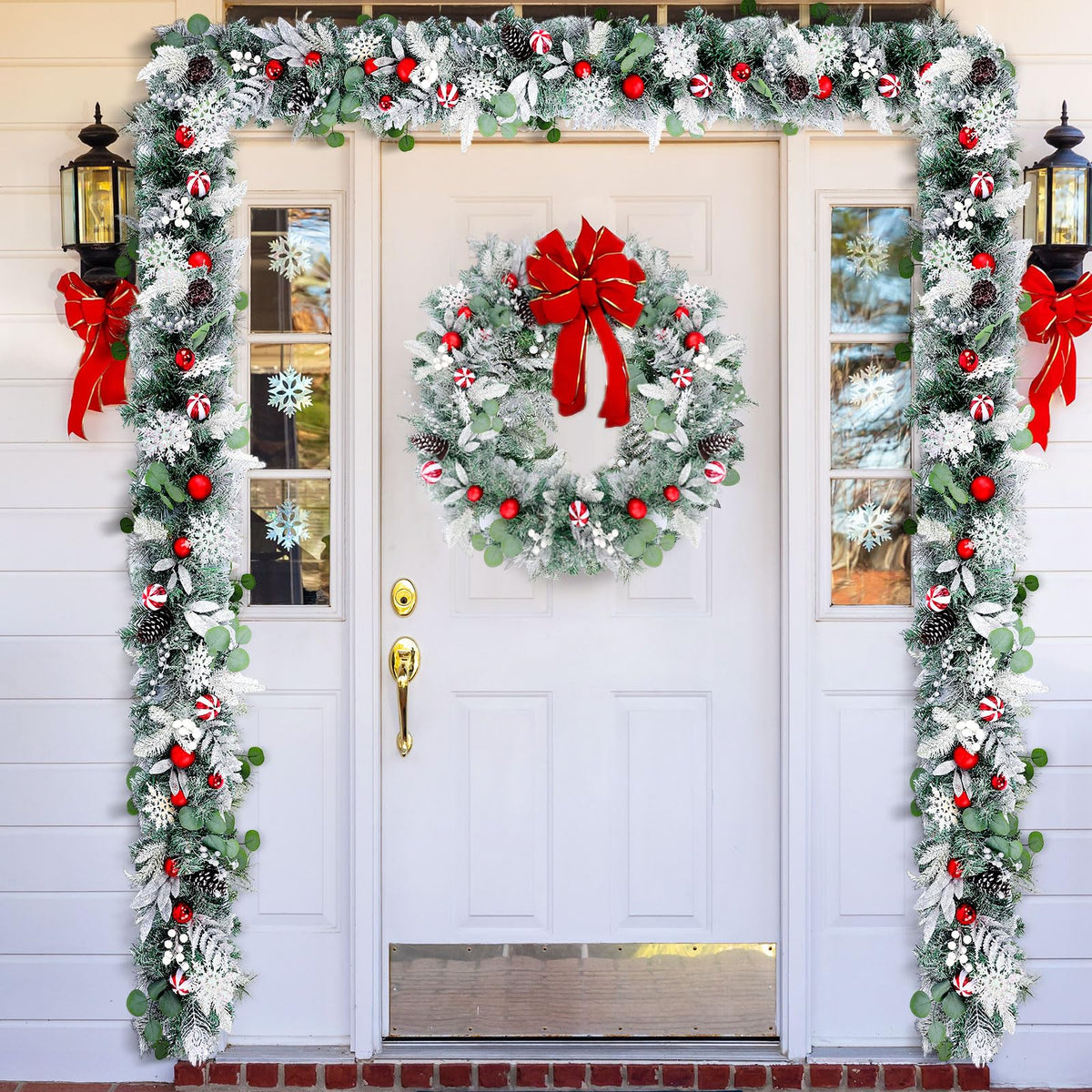 Solsew 6 Feet Snow Flocked Christmas Garland for Mantle White Garland with Silver White Balls Snowflake Pine Cones for Fireplace Table Centerpiece Front Door Staircase Decoration(Silver,Green,Red)