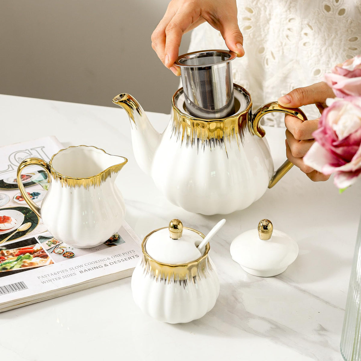 Ceramic Sugar and Creamer Set, White Sugar Bowl & Creamer Set with Gold Trim, 3 Piece with 10oz Cream Pitcher, 11oz Sugar Bowl with Lid and Spoon, Coffee Serving Set for Café, Afternoon Tea