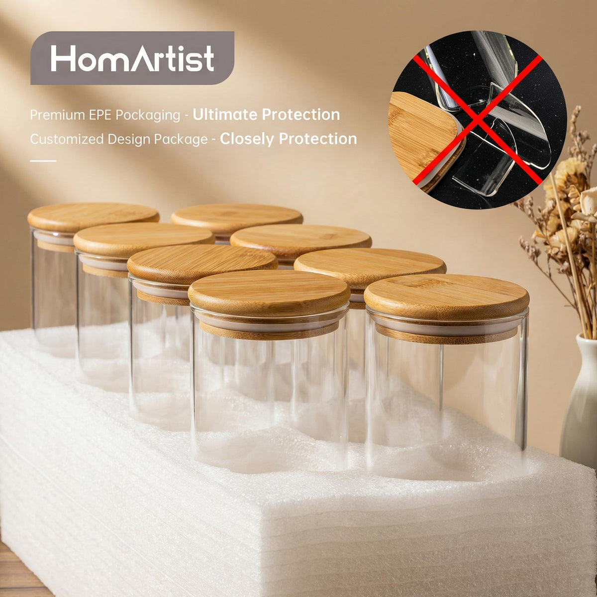 HomArtist 17oz - 4 Pack Glass Jars with Bamboo Lids, Glass Food Storage Containers with Airtight Lids, Air Tight Pantry Storage Containers for Coffee, Sugar, Spice, Meal Prep Jars for Salad & Fruit