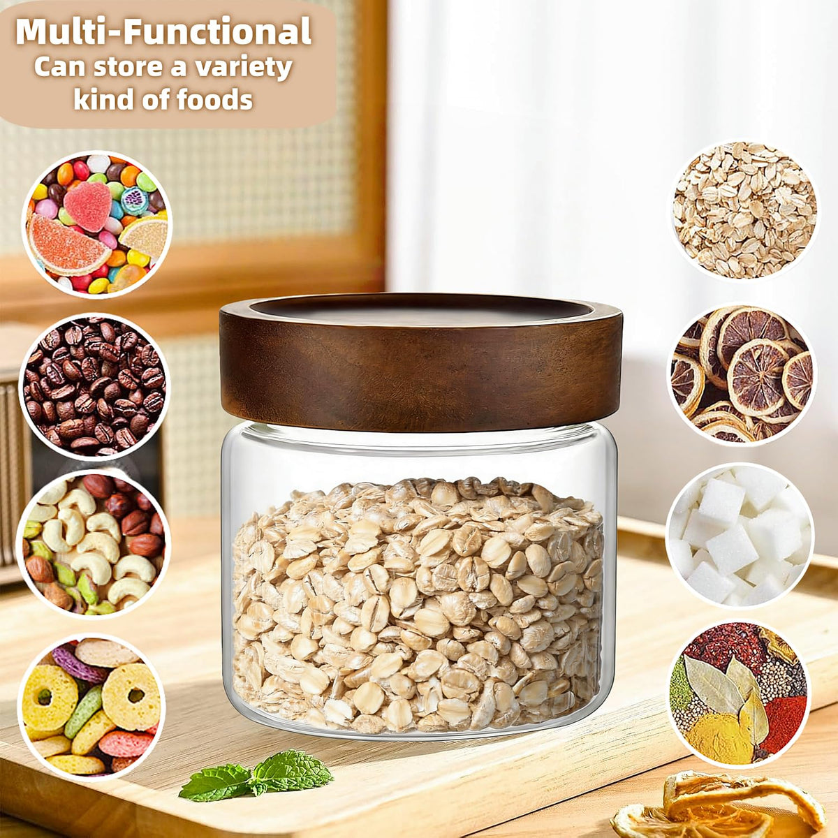17 Fl oz/500 ml Glass Food Storage Jar, Premium Clear Glass Container Jar with Airtight Screw-on Wooden Lid, Kitchen Canisters for Coffee,Tea,Pasta,Cookies, Nuts,Spice,Candy,Overnight Oatmeal（Small)