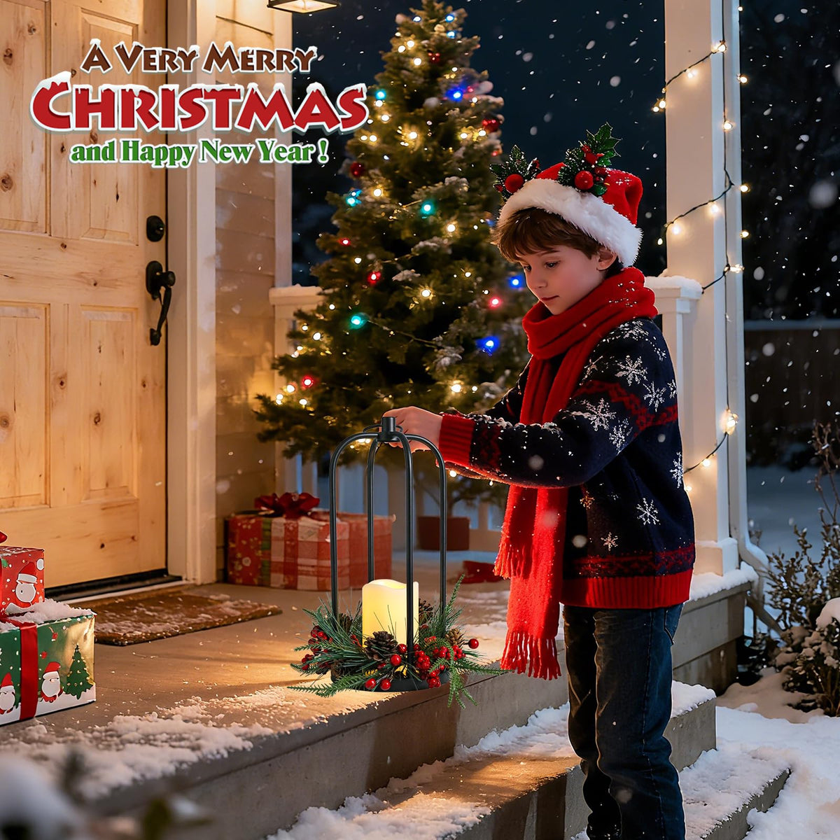 Bdor Christmas Lantern Decor Set of 2 – 14" Tall Hanging Metal Candle Holder with Pine Cones, Berries and LED Flameless Candle – Holiday Table Centerpiece for Indoor Home Decoration