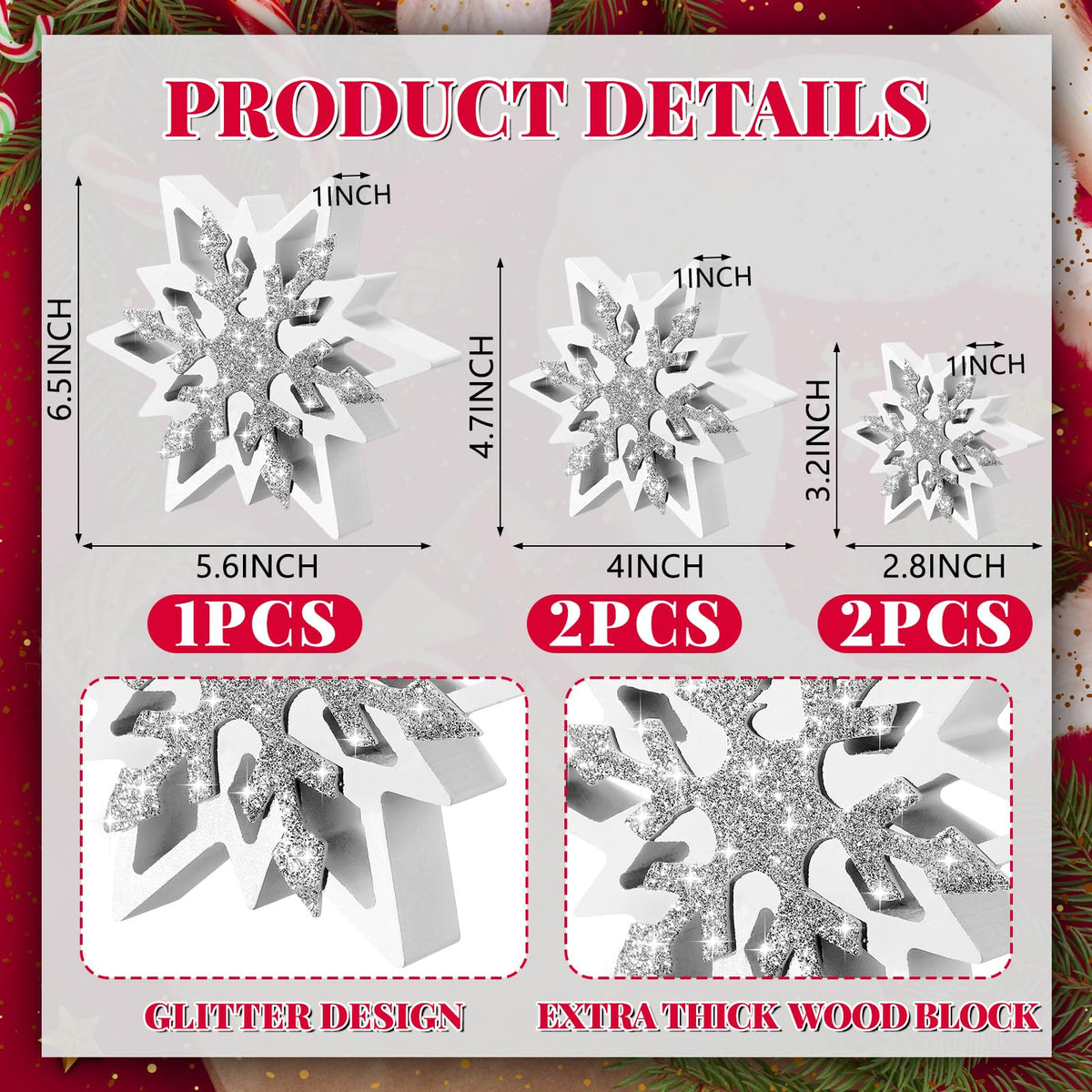 Suzile 5 Pcs Large Christmas Thick Wooden Snowflake Decorations Winter Glitter Snowflake Wood Ornaments Farmhouse Centerpieces Table Signs for Xmas Home Office Table Mantel Fireplace Shelf