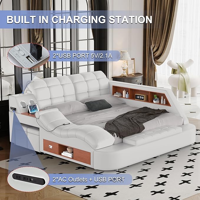 Luxury Smart King Bed Frame, Leather Headboard/Strong Wooden Slats