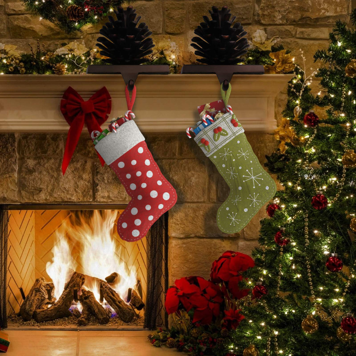 Hxezoc Pine Cone Christmas Stocking Holder, 3D Brown Metal Mantel Stocking Hanger for Christmas Fireplace Mantel Decorations Christmas Holiday Supplies