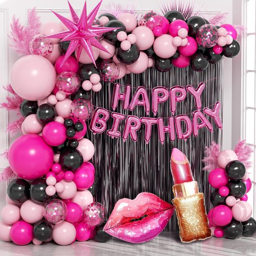 Hot Pink and Black Birthday Decorations with Black Hot Pink Confetti Balloons Happy Birthday Foil Balloons Fringe Curtains for Party Decorations
