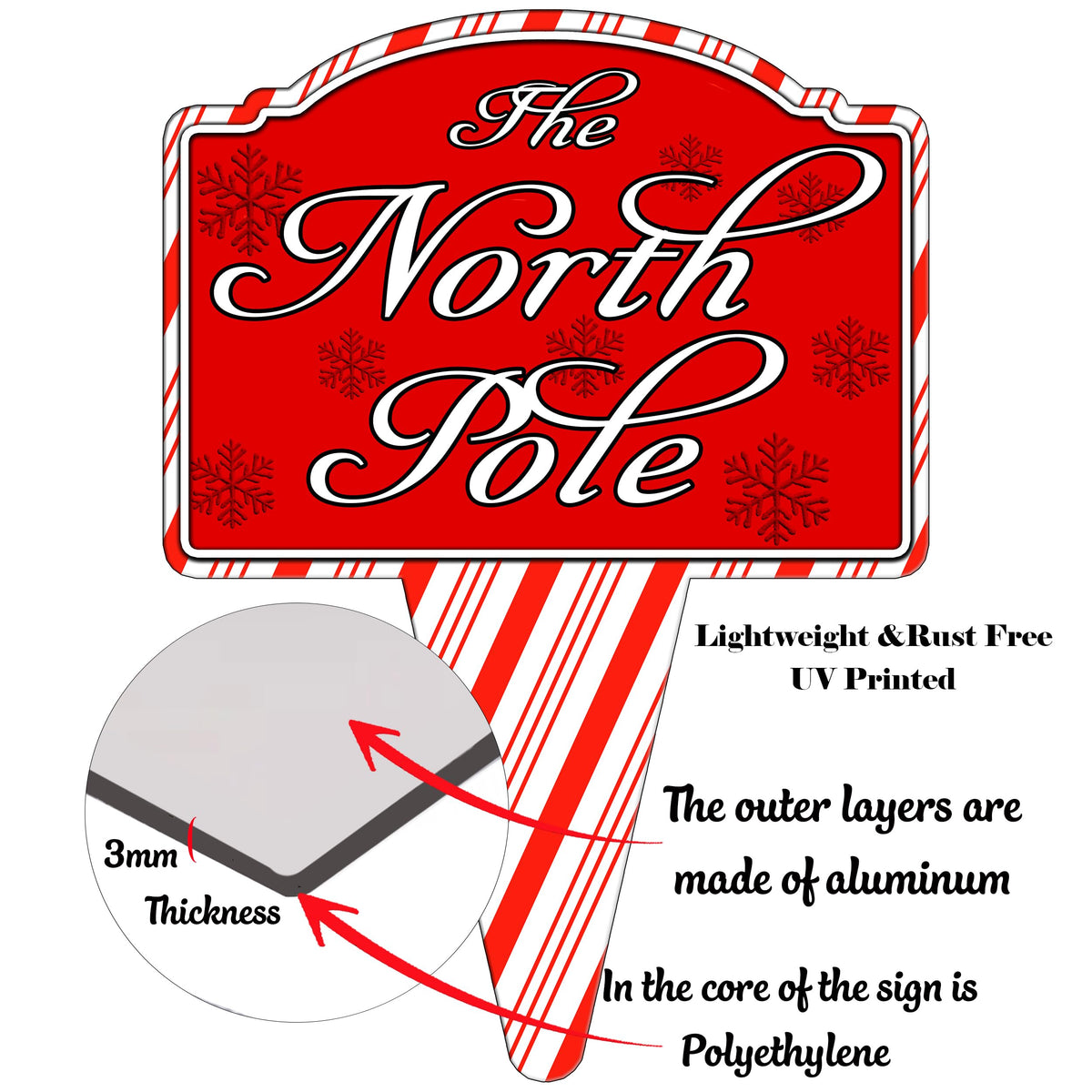 North Pole Santa Home Candy Cane Christmas Holiday Yard Sign For Lawn Grass Home or Business Front Door Durable Metal Built In Stake St. Nicholas Claus Xmas