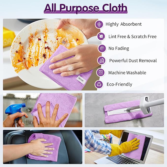 FIXSMITH Purple Microfiber Cleaning Cloth -Pack of 8, Highly Absorbent Cleaning