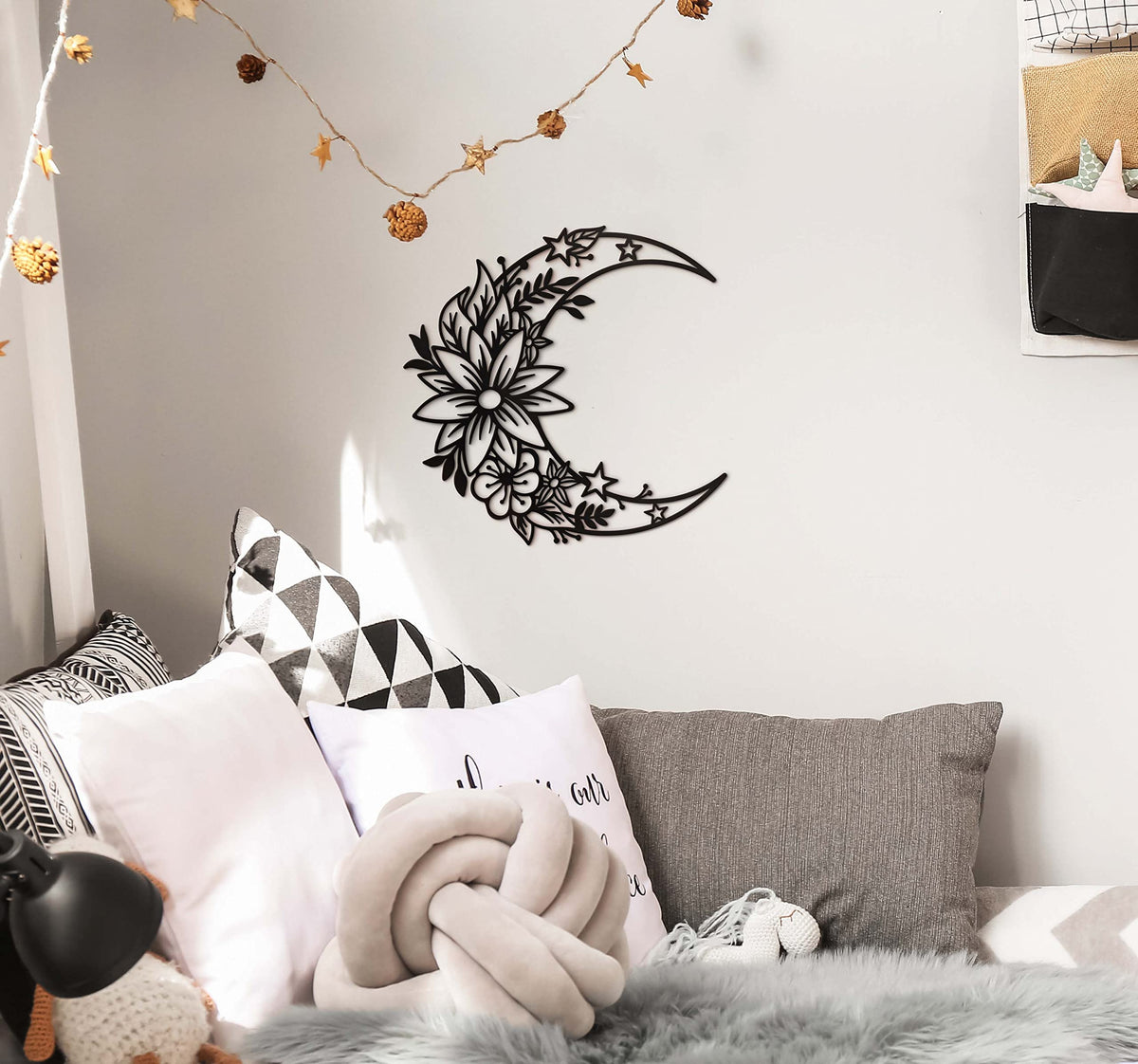 Vivegate Moon Metal Floral Art Decor - 14"X13.5" Black Boho Large Floral and Star Phase Wall Signs for Half Moon Flower Sculpture Hanging Wall Decor for Bedroom