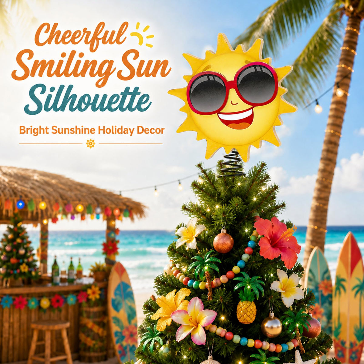 APUDWN 9.6 x 6.5 Inch Wood Sun Tree Topper with LED Lights, Summer Tree Decorations for Tropical Beach Luau Party Tabletop Battery Powered 3D Sunglasses Smiling Face Holiday Decor