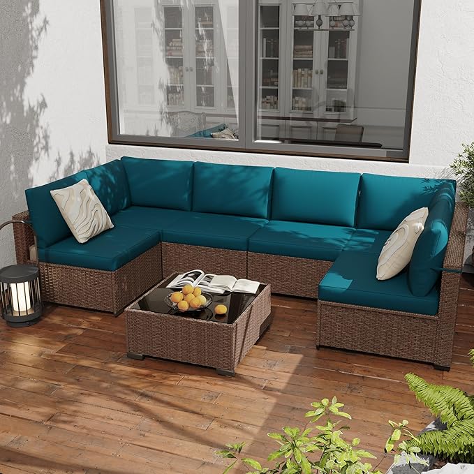 KIGOTY Patio Furniture Set, 7 Pieces Modular Outdoor Sectional Sofa, PE Rattan