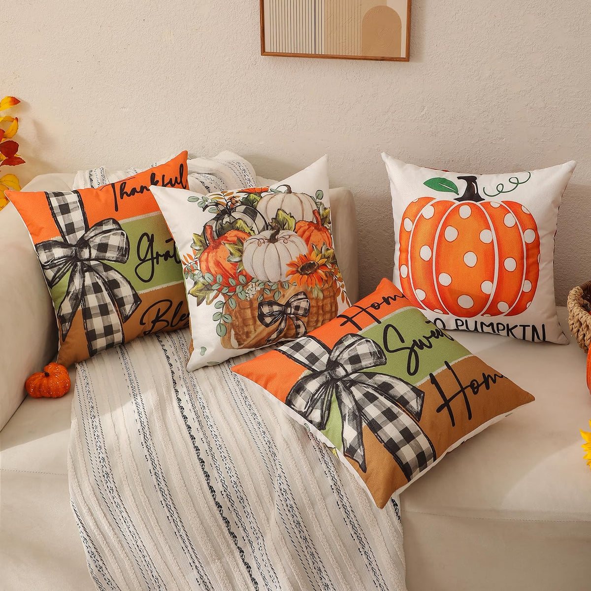 Fall Decorations Set Of 4 Double-Sided Print Fall Pillow Covers with 8 Cute Autumn Decor Patterns, Elegant Invisible Zipper, 20" x 20" Soft Linen Throw Pillow Covers for Outdoor & Indoor Use