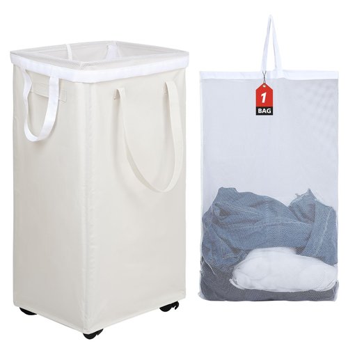 DOKEHOM 90L X-Large Laundry Basket with Removable Wash Bag on Wheels, Collapsible Rolling Laundry Hamper, Foldable Clothes Organizer, Folding Washing Bin (Beige)