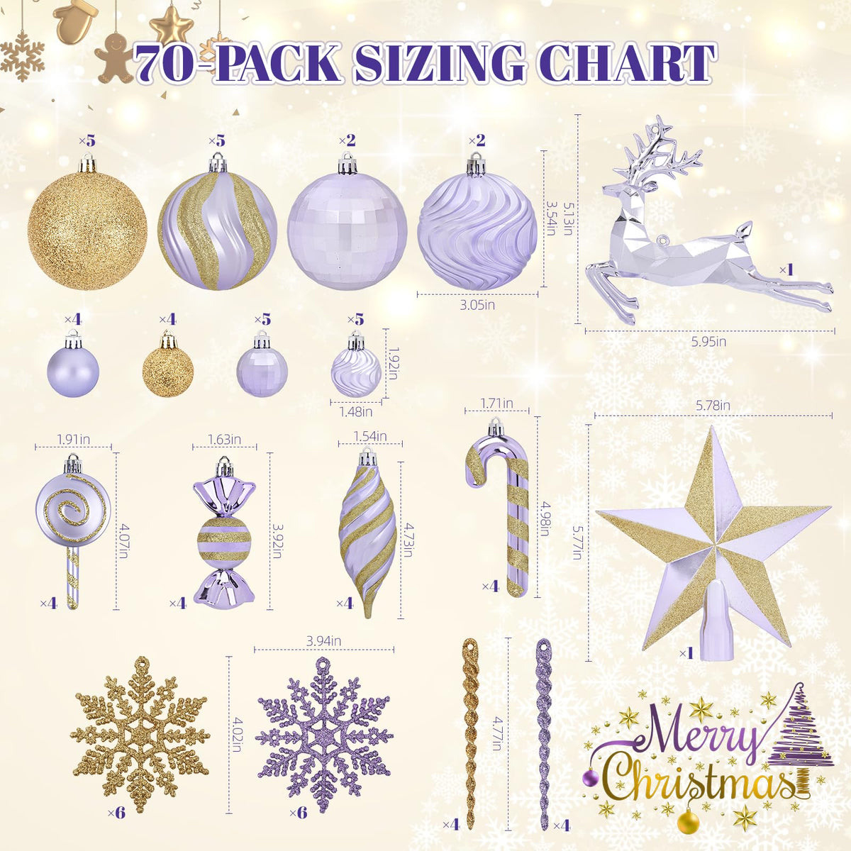 70PCS Christmas Balls Ornaments Set, Shatterproof Xmas Tree Decorations Kit with Balls, Snowflakes, Candy Canes, Star Topper, Reindeer & Hanging Baubles for Holiday Party Decor (Purple & Gold)