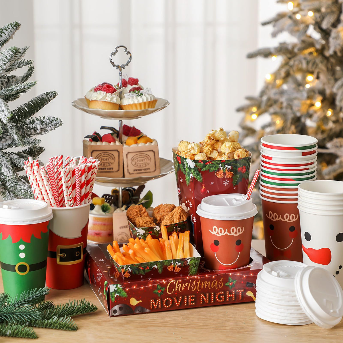 Bokon 172 Pcs/ 24 Sets of Christmas Movie Night Snack Trays 3 Sizes Snow Santa Snack Boxes, 16 oz Disposable Drinks Cups, 50 Straws, Complimentary Sealing Stickers for Cinema Party Decoration