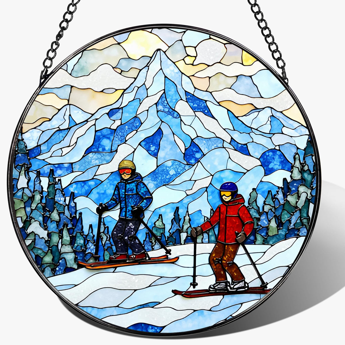LAOWEIKI 8'' Snowy Mountain Skiers Sun Catcher Ornament, Stained Glass Window Hanging, Sun Catchers for Windows Hanging Ornaments, Window Decor | Ideal Gift, Gift Exchange, Gifts for Skiers