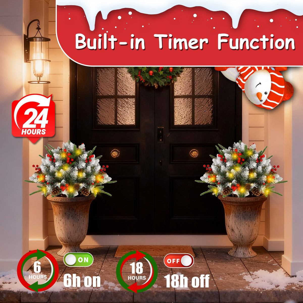 JOYHALO 2 Pack Set 22Inch Christmas Urn Filler with 40 Warm White Lights, Christmas Pot Fillers with White PVC&PE Branches, Outdoor Christmas Trees for Porch Pathway Entryway Yard Decorations