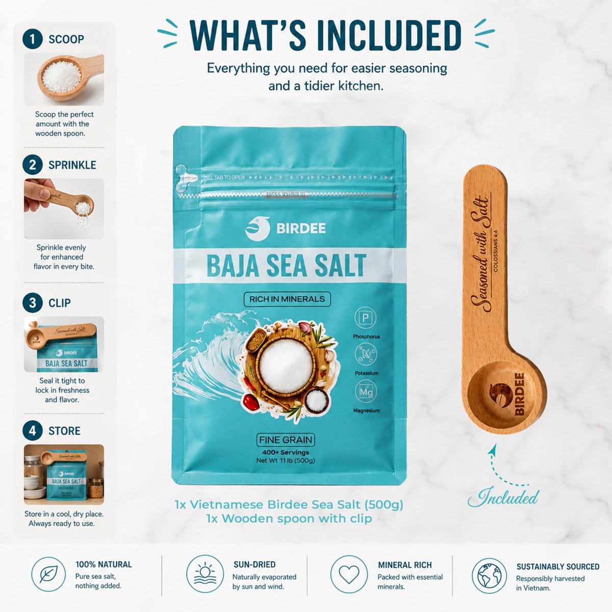 Birdee Salt Gift Set, Solar-Dried Mineral Rich Fine Grain Sea Salt from Vietnam, 17.6 oz (500g) Pouch with Engraved Hardwood Spoon Bag Sealer Clip, Seasoned with Salt Colossians 4:6