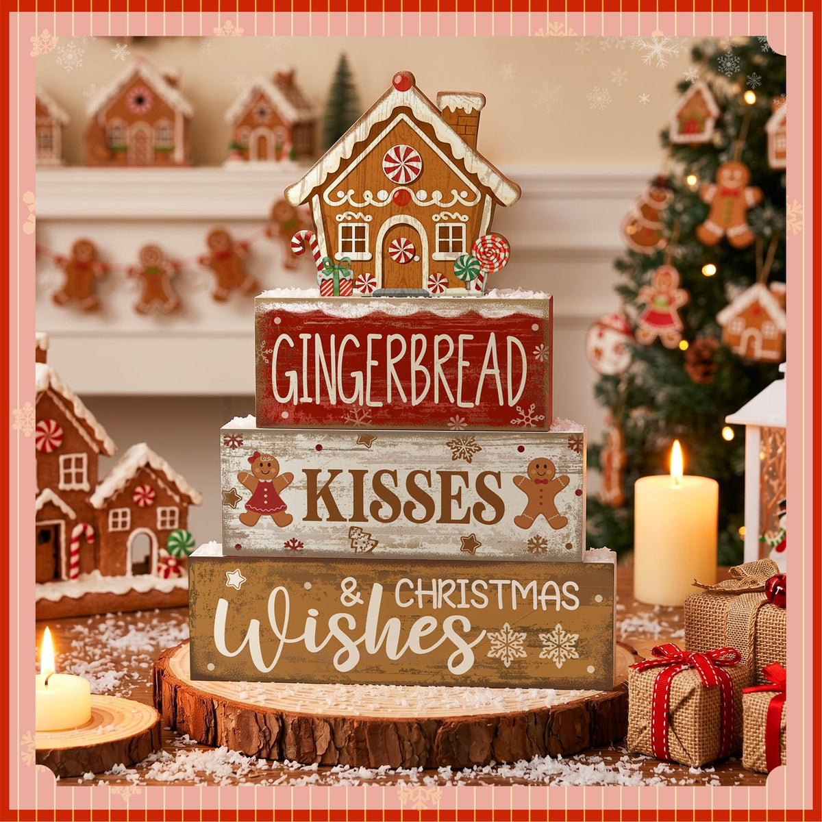 Moucuny 4 Pcs Christmas Table Decoration Gingerbread House Wooden Stacked Block Decor Gingerbread Centerpiece Block Signs Rustic Christmas Tiered Tray Decoration for Home Kitchen Coffee Bar