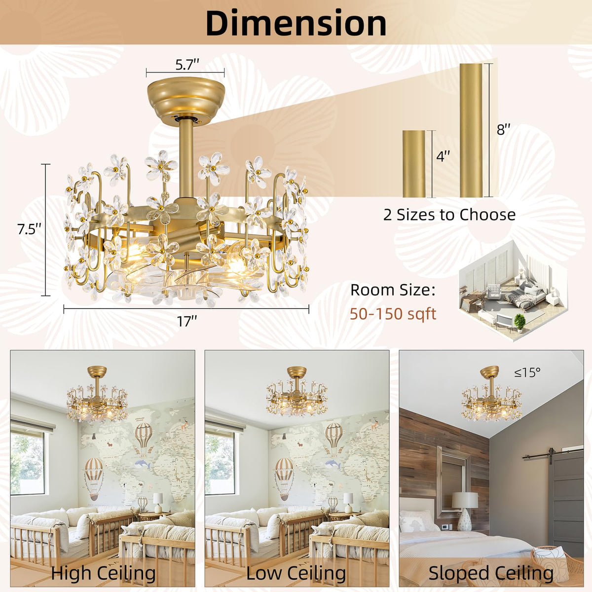 YEDAORL Modern Gold Crystal Fandelier Ceiling Fans with Lights and Remote,Chandelier Fan for Girl's Bedroom,Living Room