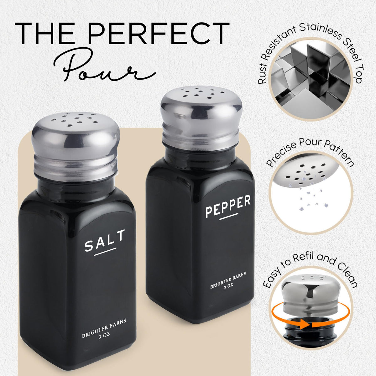 Black Salt and Pepper Shakers Set with Holder by Brighter Barns - Farmhouse Kitchen Decor, Modern Kitchen Essentials, Dining Table Centerpiece Decor - Glass Shakers with Caddy for Restaurants (Black)