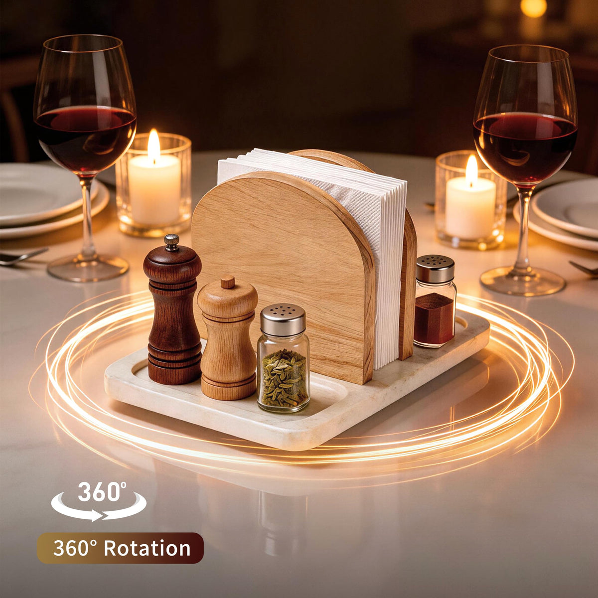Joapsinn Rotating Napkin Holder for Table, Napkin Dispenser with Marble Base & Wood Divider, Napkin Holder with Salt and Pepper Shakers Caddy for Kitchen Dinner Table Decor - Shakers Not Included