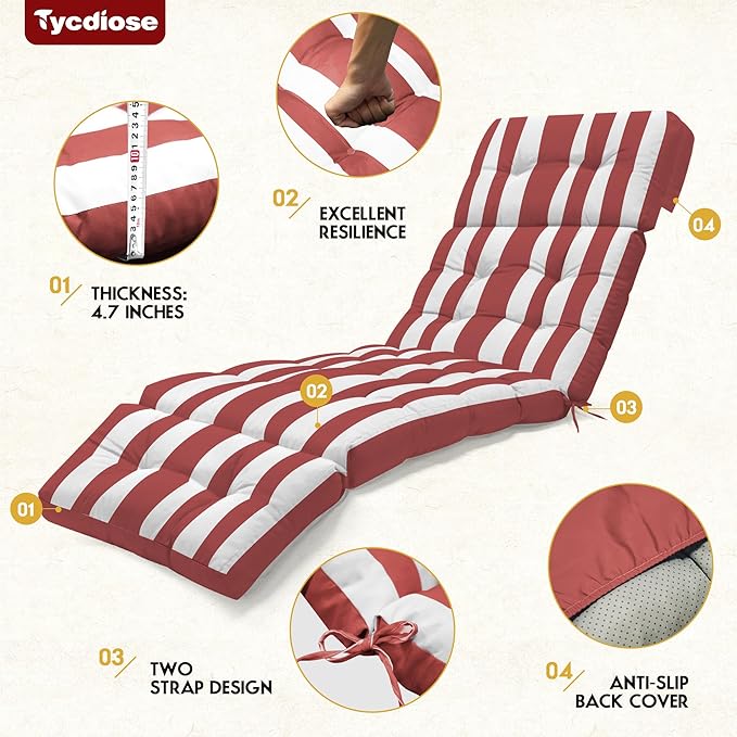 Outdoor Chaise Lounge Chair Cushion Waterproof 74.4 x 22 x 4.7 Inches Memory