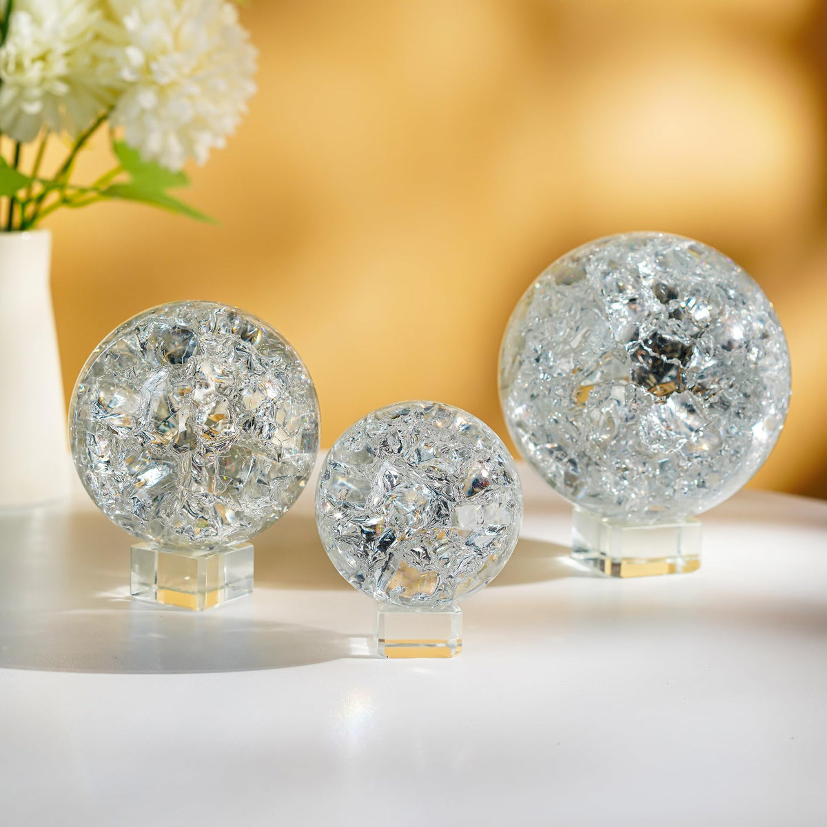 ZEERSHEE 3pcs Clear Ice Crack Glass Orb Set with Display Stands, 2.4"/3.1"/3.9" Decorative Art Spheres for Home Decor, Office Desk Accent, Bookshelf Styling and Gift Giving