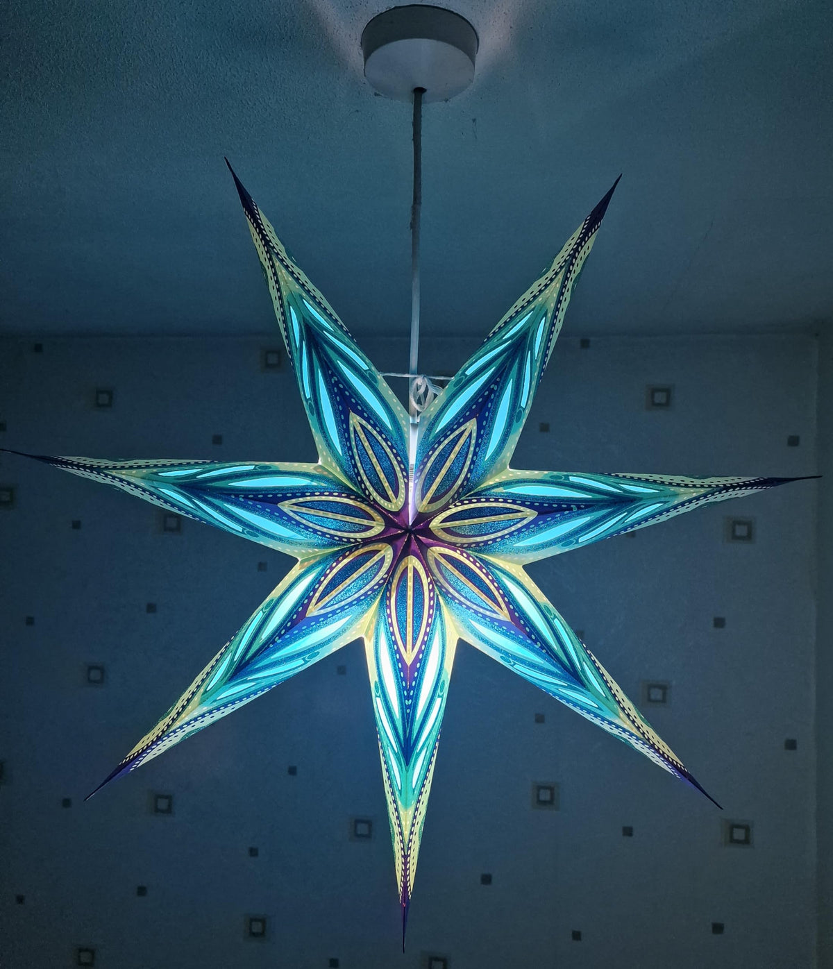 YEPSIO 7-Pointed Lantern Lampshade Paper Star Light Shades Large 24 Inch Star Hanging Decorations for Christmas Wedding Home Decoration Birthday Party (Glitter Blue Multi 02)