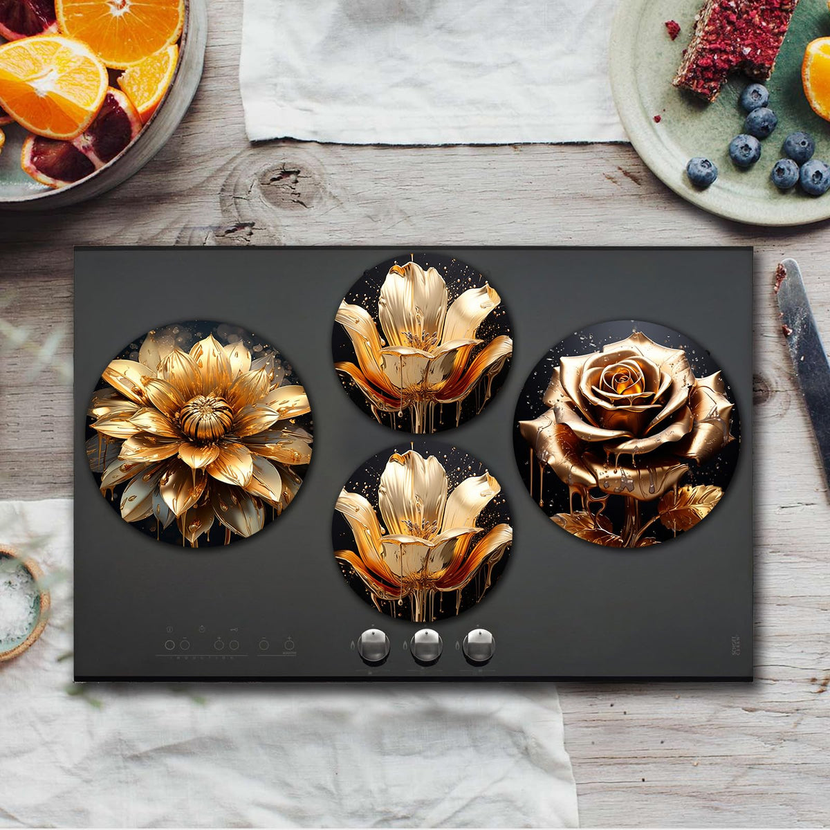 Tucocoo Golden Flowers Burner Covers,Set of 4,Lotus Floral Abstract Art Round Burner Cover Kitchen Decor Boho Pattern Classic Art Round Metal Stove Burner Covers,Two 8inch Two 10inch,Black