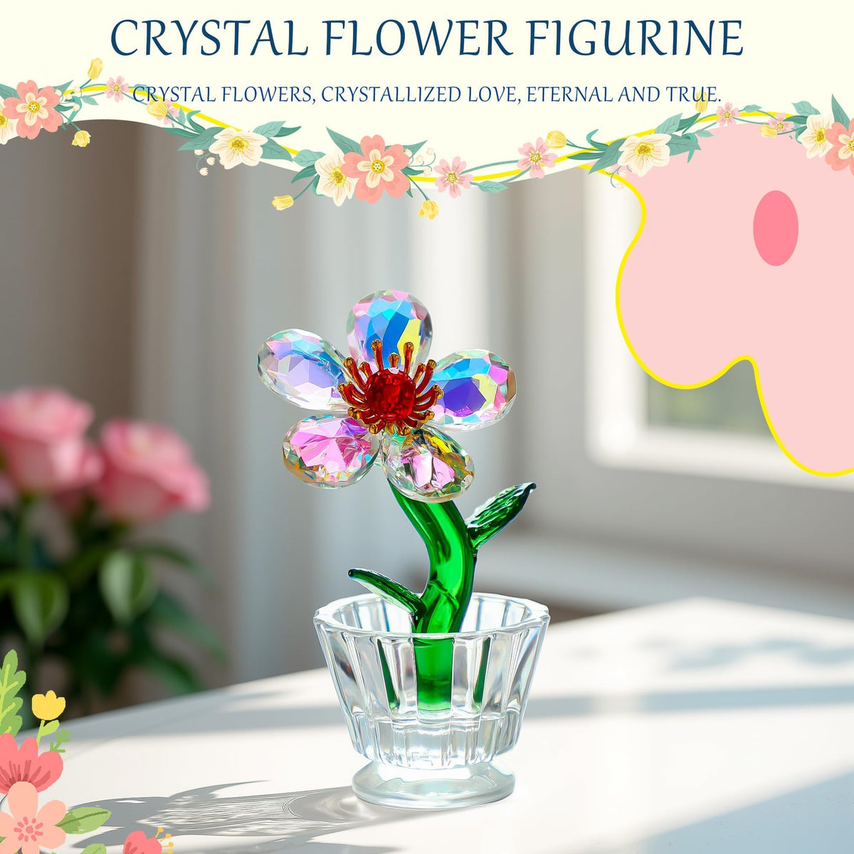 KRISININE Crystal Peach Blossom Mini Ornament Figurine 2.9 * 1.5in Glass Flower Decoration for Home Office for Mom