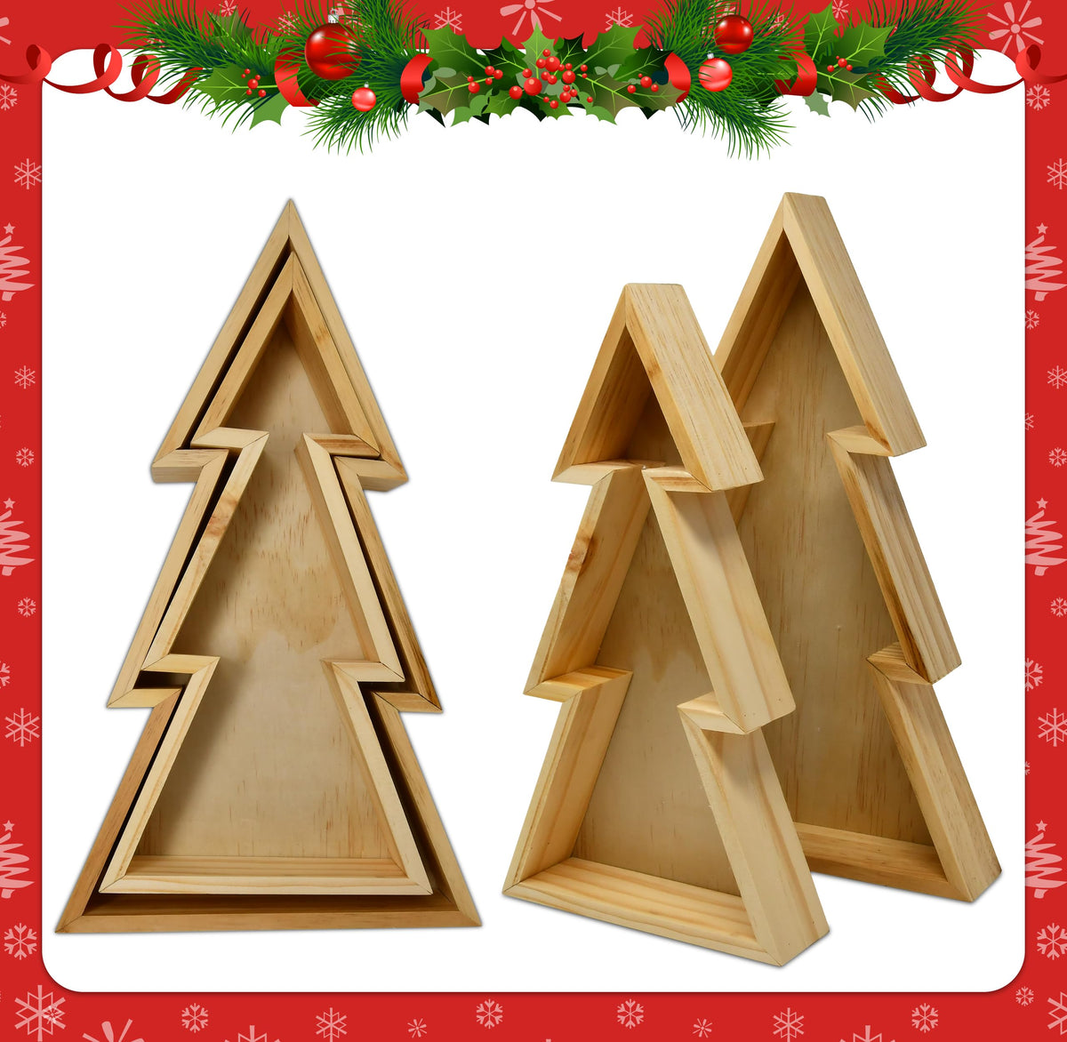 Gift Boutique Wooden Christmas Tree Trays – Set of 2 Nested Decorative Serving Trays for Holiday Parties, Snacks, Appetizers, and Festive Table Display