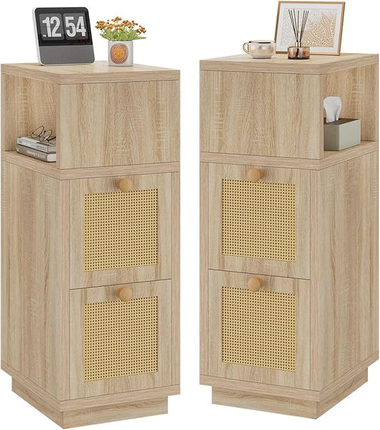 YMYNY Rattan Nightstands Set of 2, Boho Bedside Table