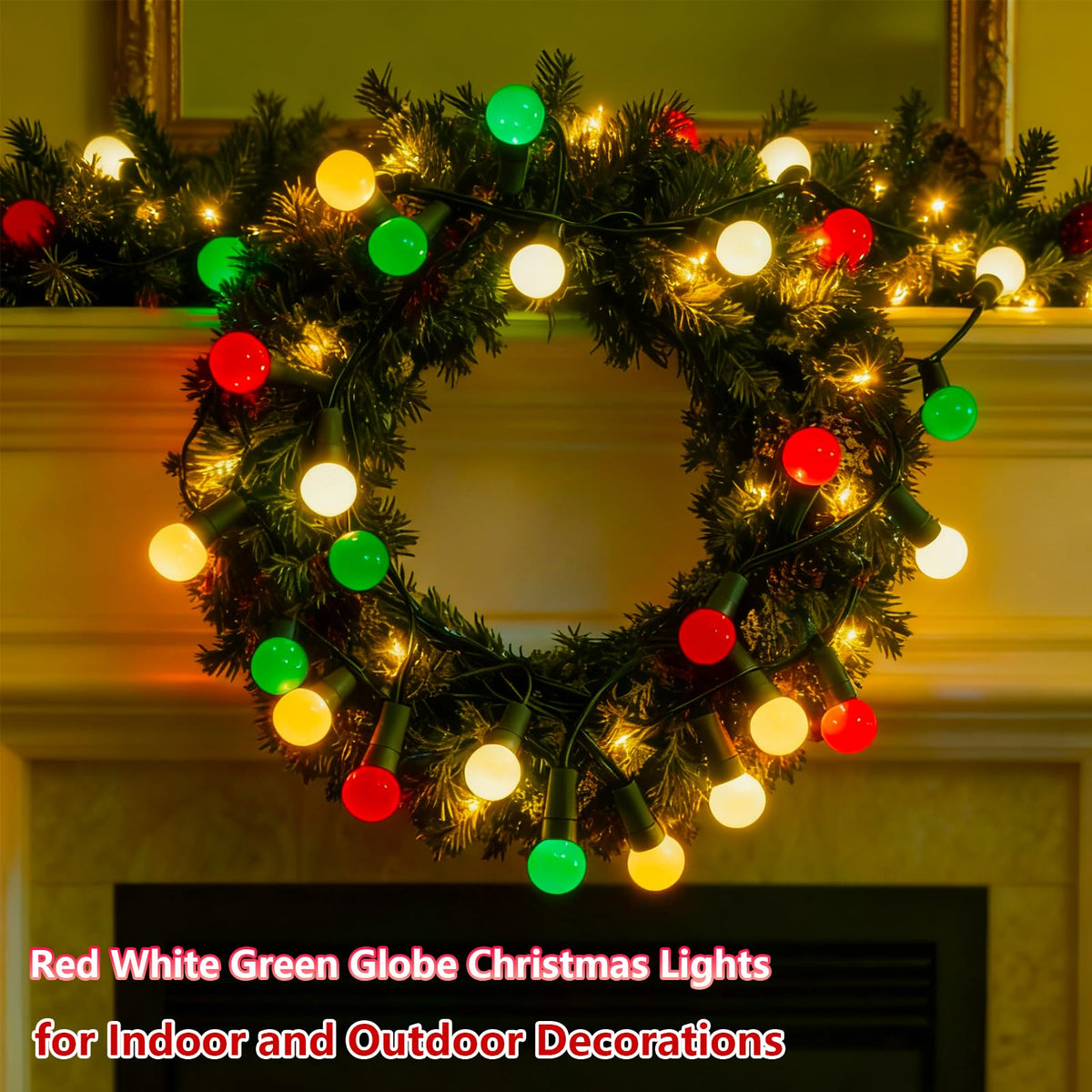 Round Christmas Lights Outdoor 13.5Ft G15 Red Green White Christmas Lights 50 LED Mini Globe String Light Indoor, Shatterproof Connectable & Plug in Xmas Light for Home Wreath Porch Patio Tree Decor