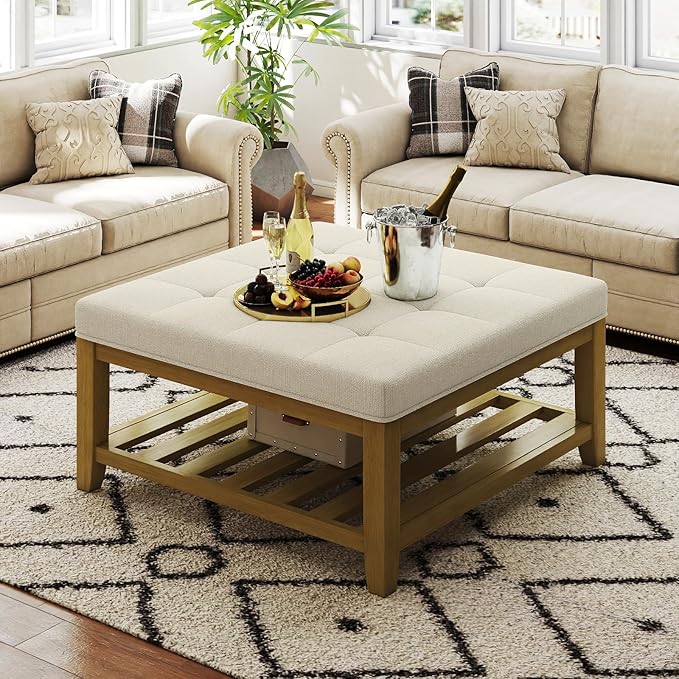 Befurtori Large Square Ottoman Coffee Table, Linen Solid Upholstered Footrest