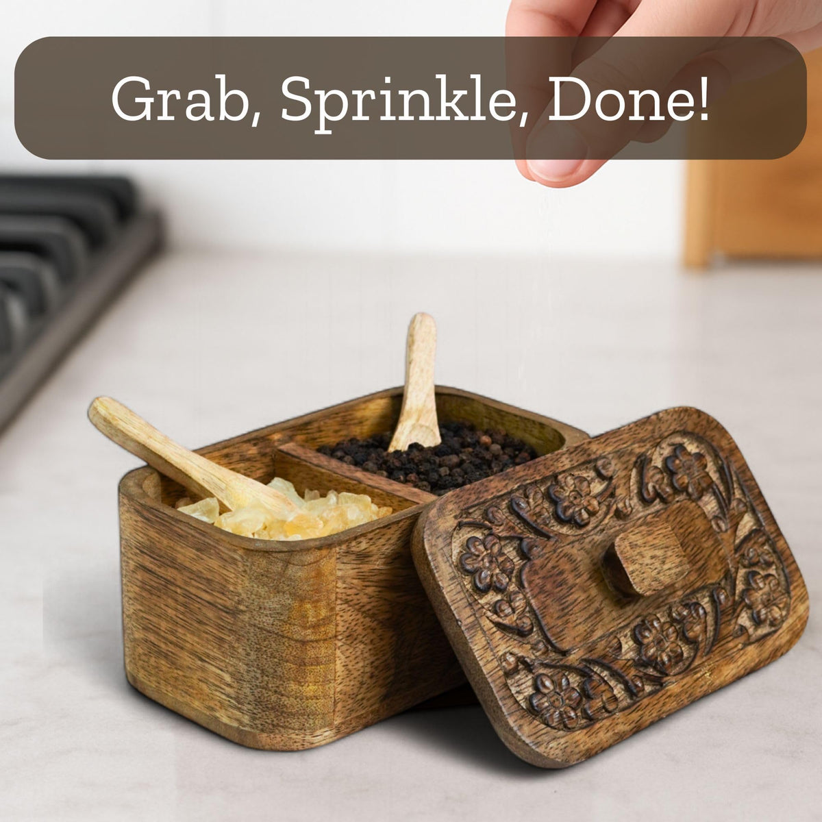 Mie Creations Duet Salt and Pepper Box Cellar with Hand Carved Lid & 2 Spoons, Rustic Wooden Pinch Bowls with 2 large Compartments | Wood Salt Storage Keeper, Spice Bowls for Kitchen Cooking
