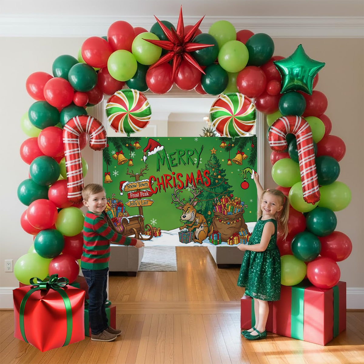 Christmas Balloon Garland Arch Kit with backdrop Xmas Red Green Balloons Candy Cane Gift Box Star Foil Balloons for Christmas New Year Birthday Party Decorations (Red Green)