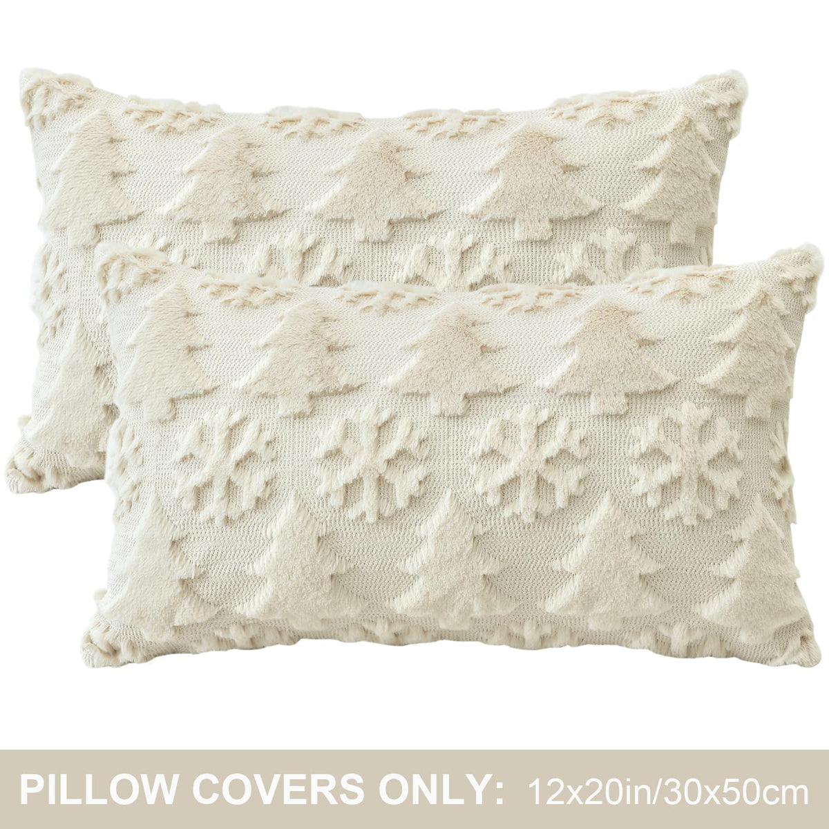 OTOSTAR Set of 2 Christmas Throw Pillow Covers 12x20 Inch, Soft Plush Faux Fur Christmas Tree Snowflake Winter Holiday Xmas Decorative Lumbar Cushion Cover Cases for Sofa Couch Bed Living Room, Beige
