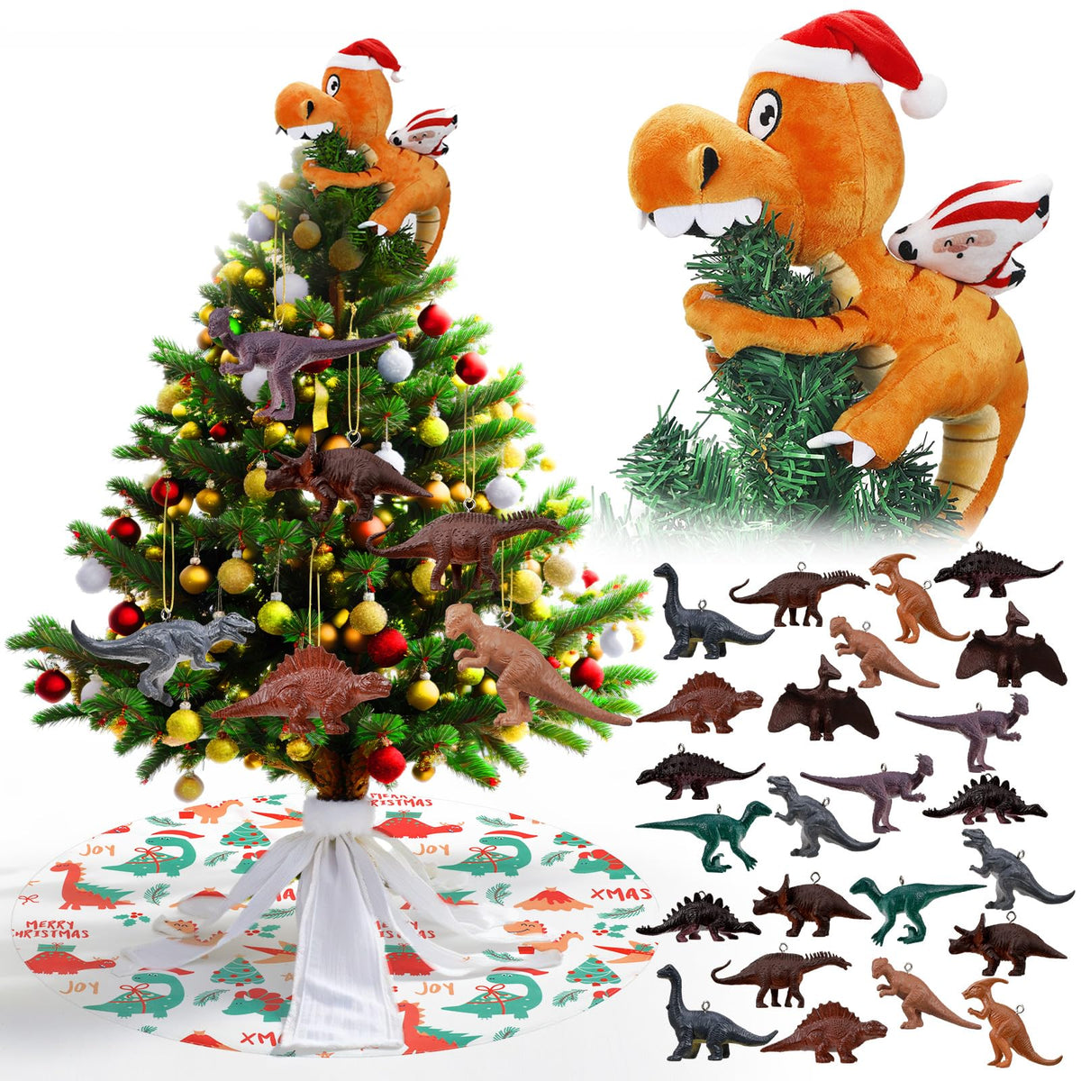 Leyndo 26 Pcs Christmas Tree Topper Ornaments Set Santa Riding Dinosaur Topper 24 Pcs Dinosaur Ornaments 30'' Xmas Tree Skirt
